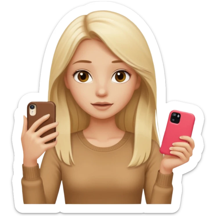  beautiful pale blonde girl with long hair taking selfie on brown case iPhone in beige top sticker
