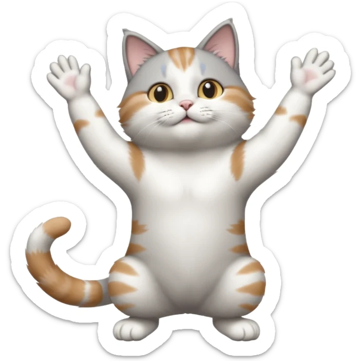grey and white cat doing a big long stretch reaching up into the airwith arms together sticker