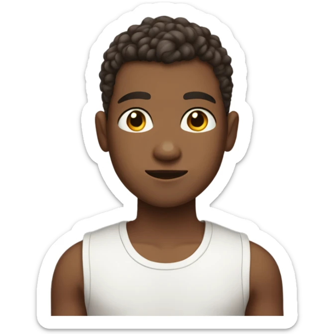 Boy with shaved hair on the sides and curly hair on top, dark brown eyes, wearing tank top sticker