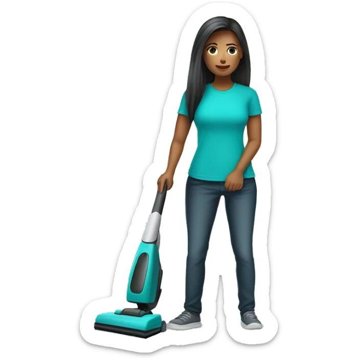 woman cleaner with light skin, long dark straight hair, she wea turquoise color t-shirt. She working with vacuum cleaners sticker