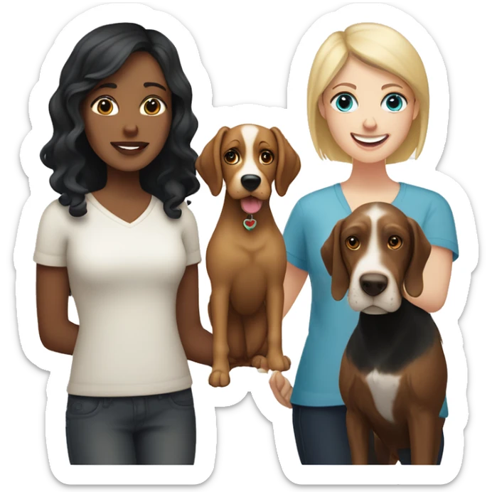 two woman, one with blonde hair & blue eyes, the other with black short hair and brown eyes, hugging a springer spaniel and a yorker terrier  sticker