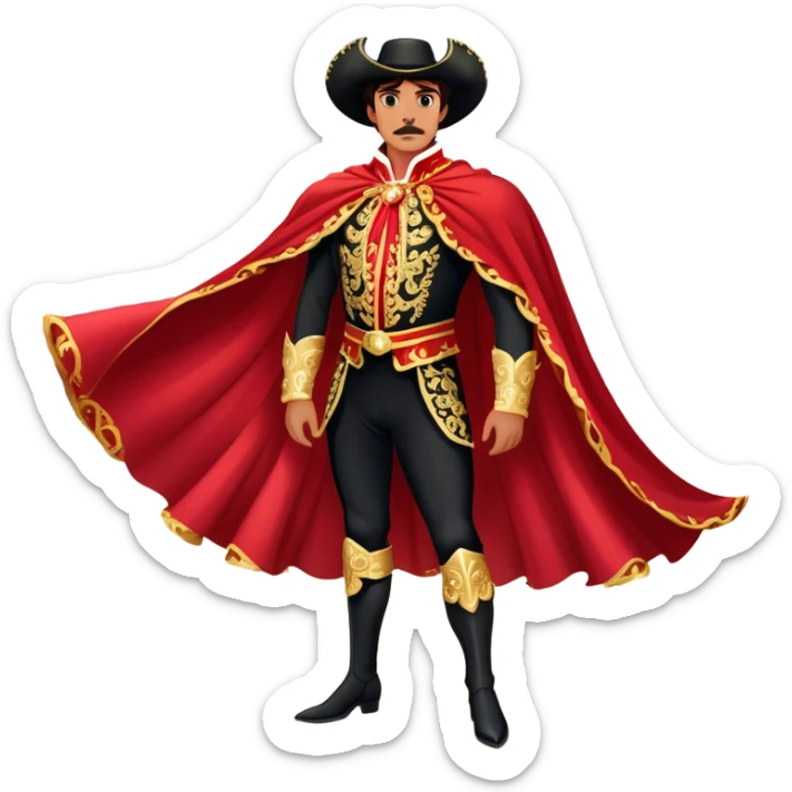 Spanish Matador – Cinematic Realistic Spanish Matador, portrayed in an ornate traje de luces with a flowing red cape, standing poised in a classic bullring with swirling dust and dramatic light, his intense expression and elegant stance capturing both bravery and artistry. sticker