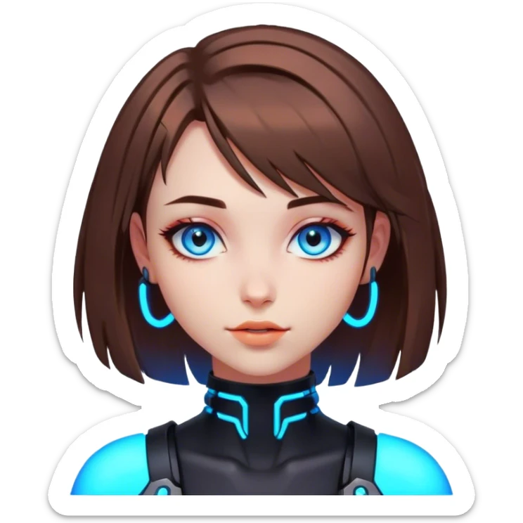 neon cyberpunk style 
girl with brown bob hair and blue eyes flirts sticker