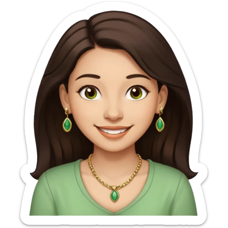 young woman emoji with dark brown hair, brown eyes, nose piercing, smiling widely, wearing green and cream blouse and gold necklace, conveying happiness and relaxation sticker