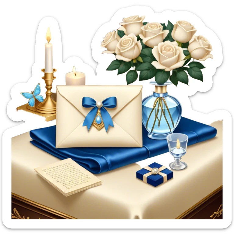 A carefully folded love letter, tied with a silky blue ribbon, sits on a velvet cushion. Beside it stands a tall crystal perfume bottle, exuding the soft scent of white roses. Pearl butterflies hover above the table, as the warm glow of candlelight reflects off the golden wax seal. sticker