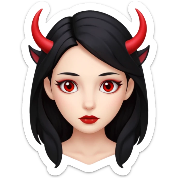 A girl's face with cheekbones, red skin, long black hair, small red horns, and red eyes. sticker
