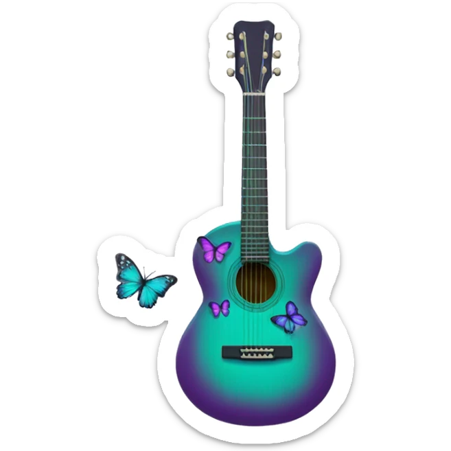 Green acoustic guitar covered in purple and teal butterflies  sticker