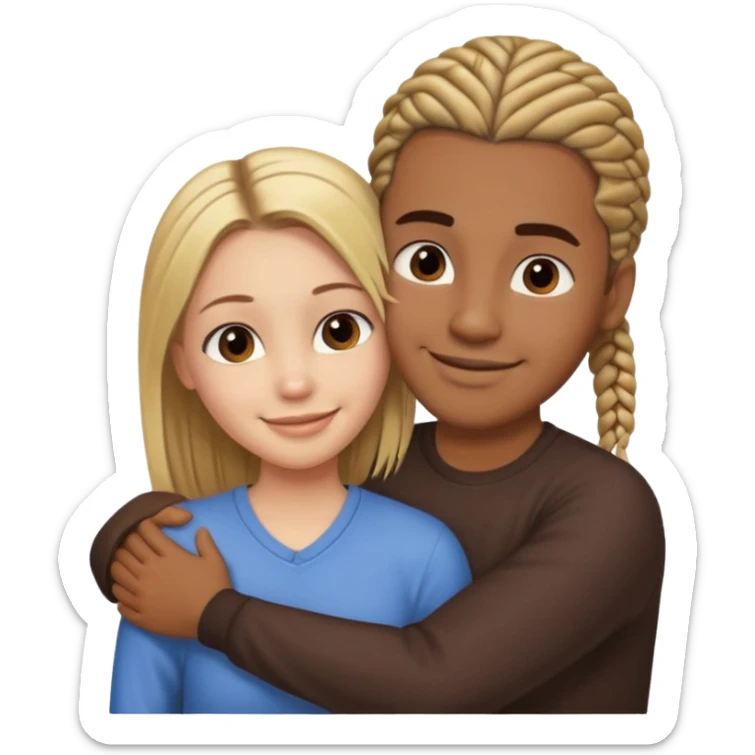 dirty blonde girl with straight hair and medium toned guy with dark brown cornrows hair hugging sticker