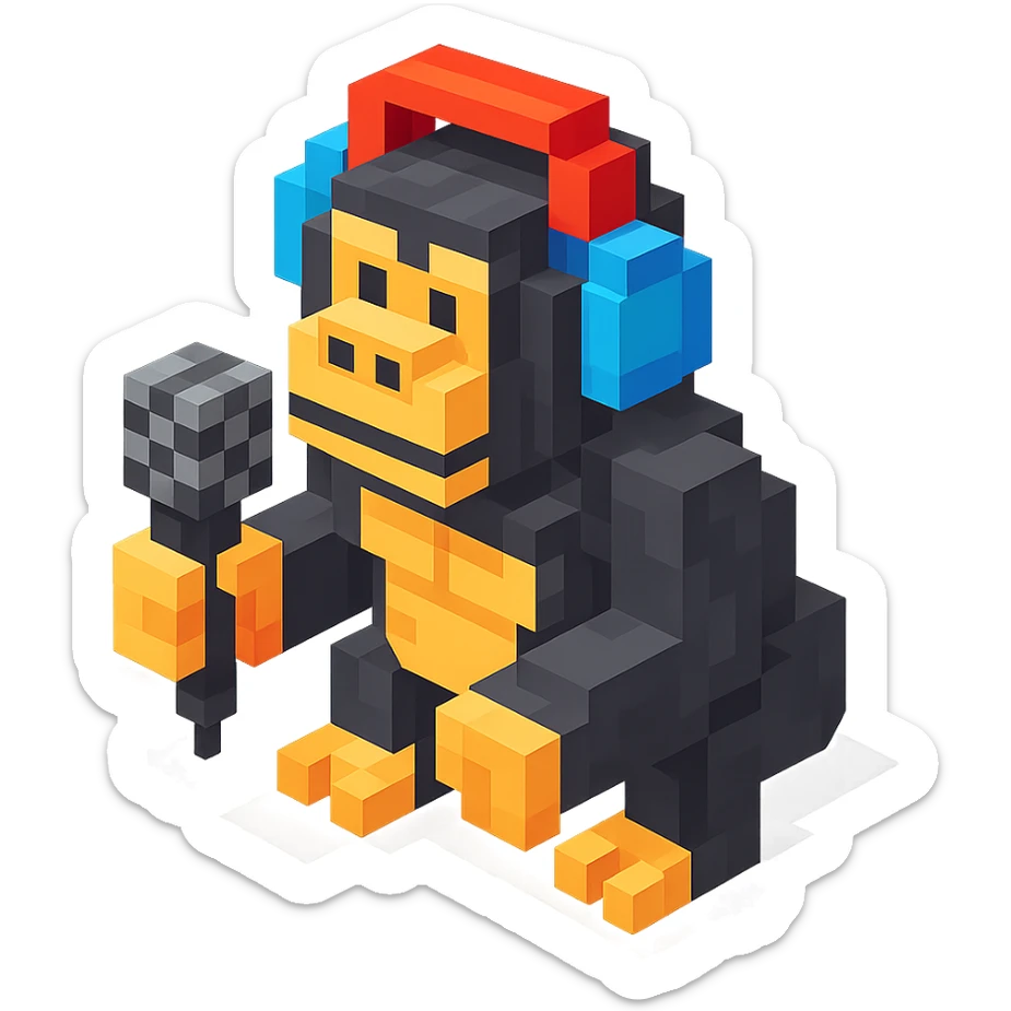 gorilla with headphones holding a microphone, isometric view, voxel style sticker
