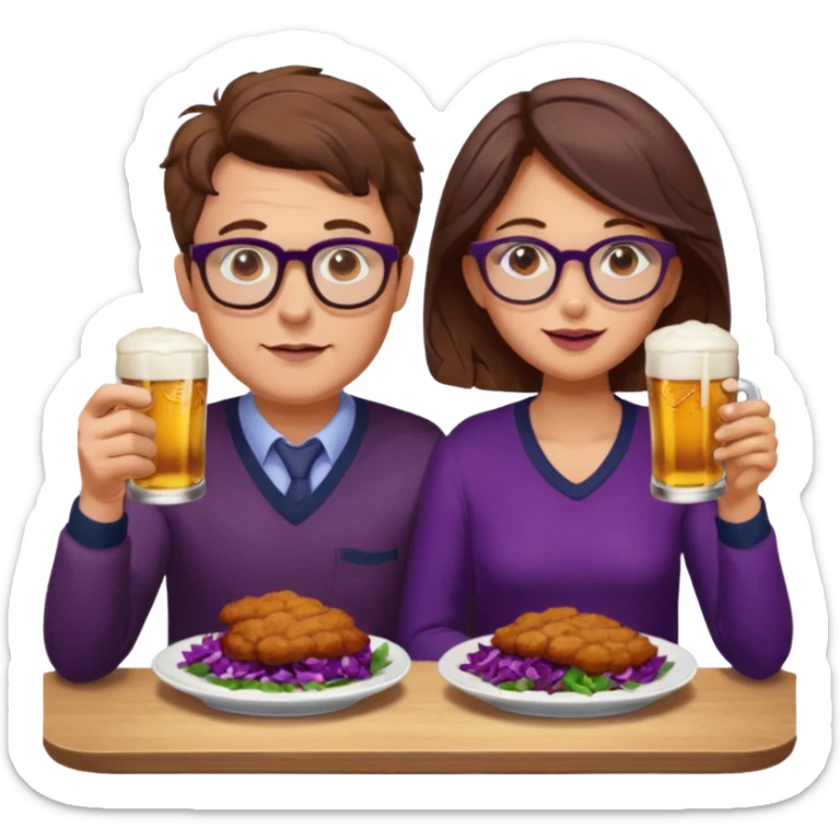 German man with glasses and brown hair and woman with glasses and brown hair eating schnitzel, red cabbage, potatoes, and drinking a beer sticker