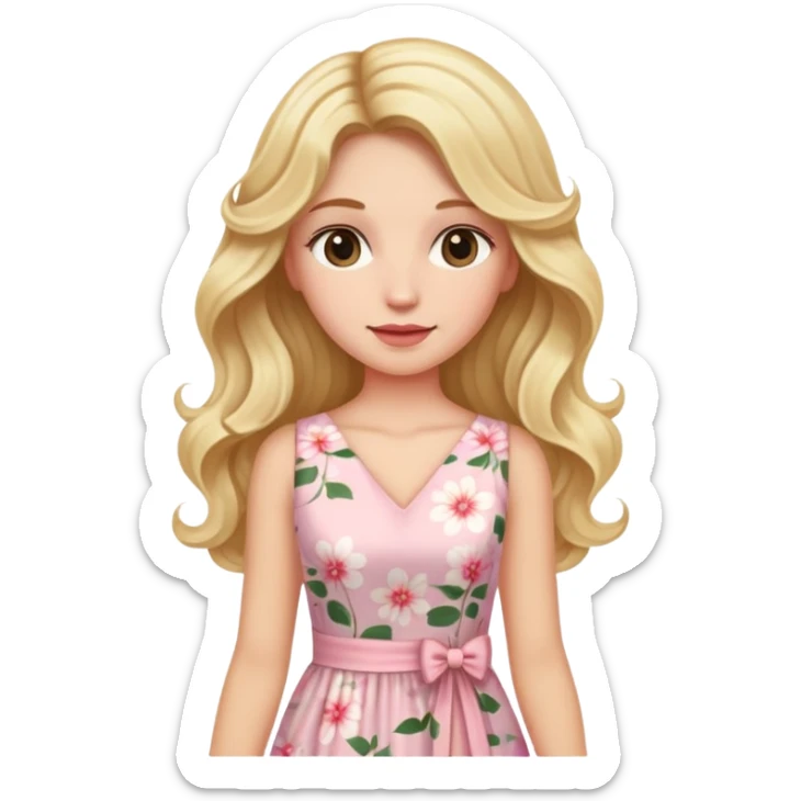 Evite skin lady with blonde long wavy hair with a light pink flowered dress sticker