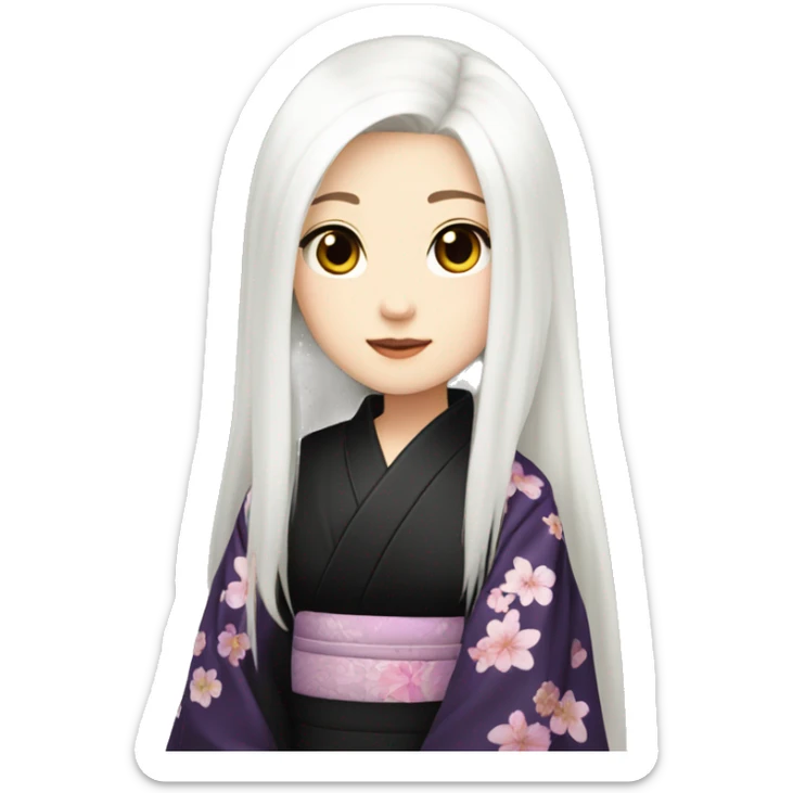 Beautiful japanese girl with long straight white hair and dark violet eyes, pale skin. Wearing a black kimono with pretty flowers sticker