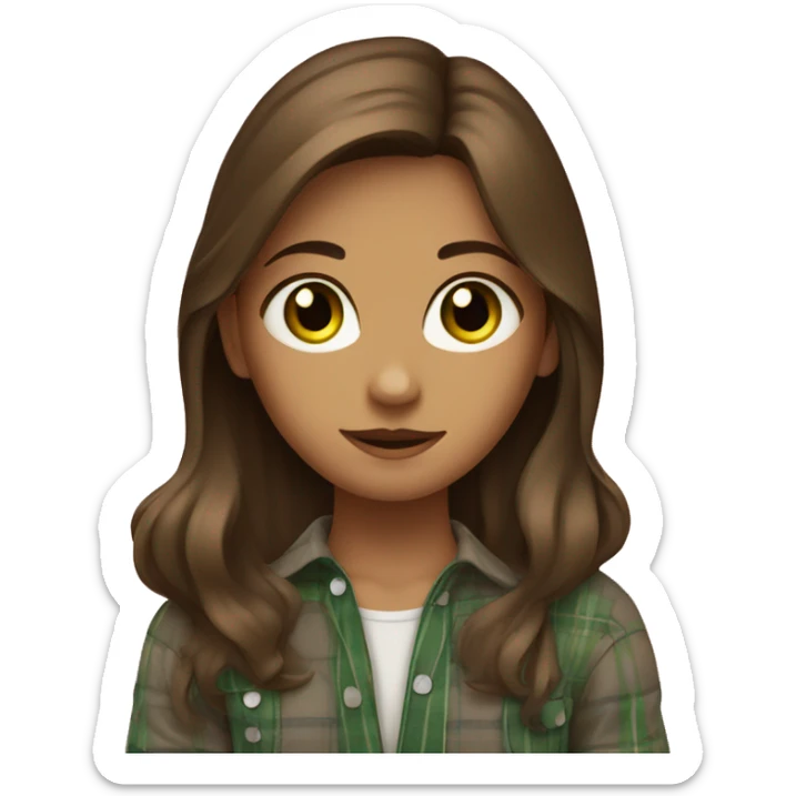 A girl with green eyes and loose brown hair is covered with a plaid sticker