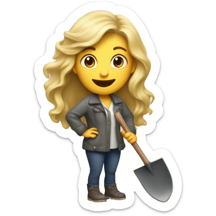White woman with long hair and nice clothes holding a shovel and sneaky laughing sticker