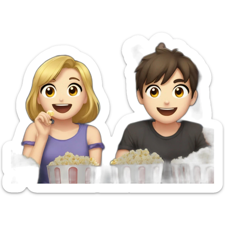 two anime girls 1 anime boy, watching movie at the cinema eating popcorn, dark background sticker