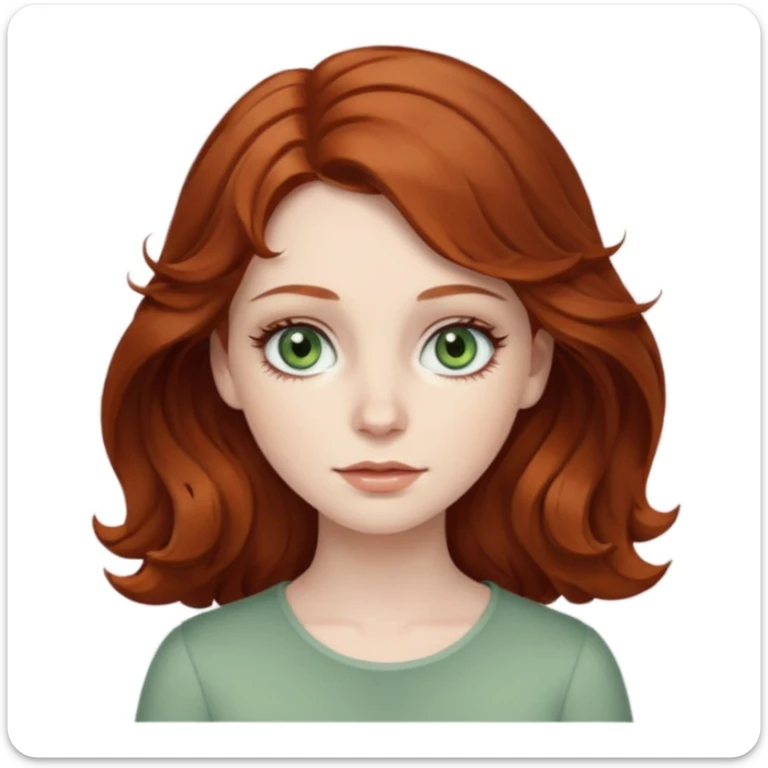 caucasian, pale, auburn haired girl, with medium length wavy hair, and sage green eyes with long eyelashes sticker