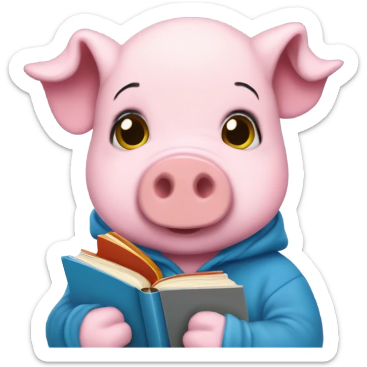 Cute pig beanie baby wearing a blue hoodie with books on it, reading a book called Little Women sticker