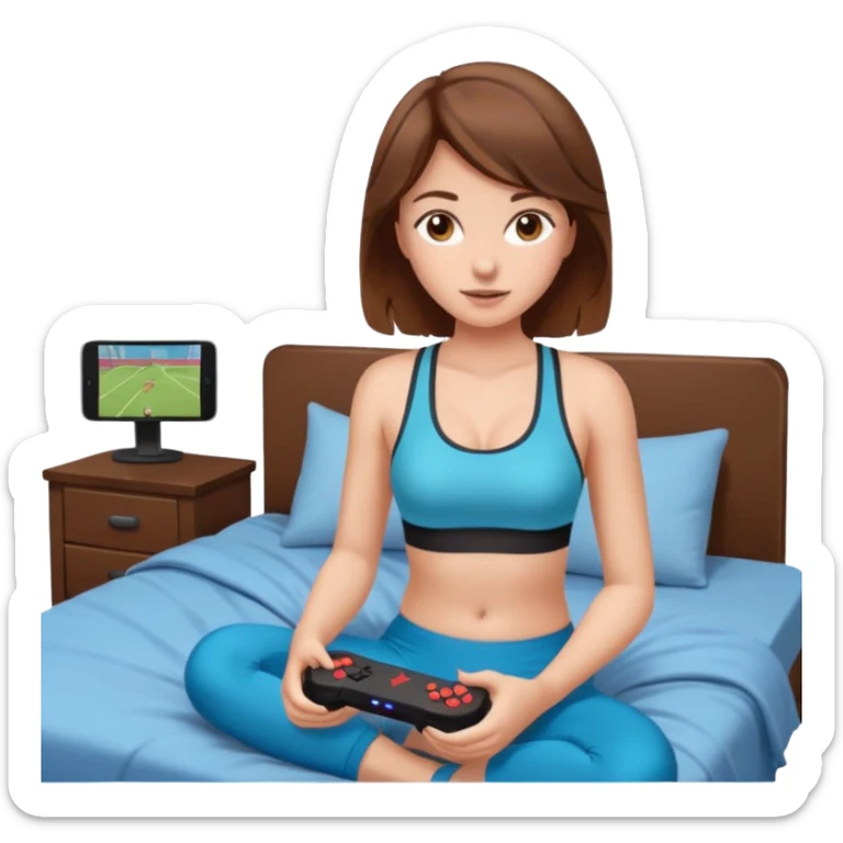 a girl in no pants sitting on her bed, in a sports bra, playing a video game sticker