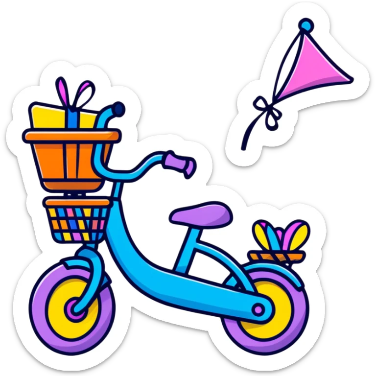 small kids bike in soft pastel pink with a basket and streamers sticker