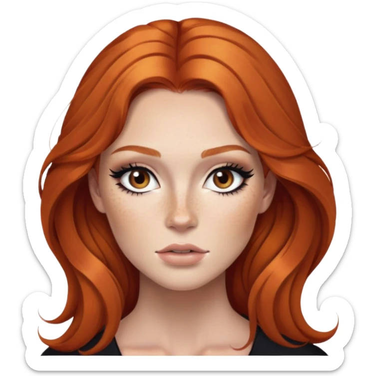 ginger hair, brown eyes, freckled, baddie,pretty makeup, strong makeup, black eyeliner, long hair sticker