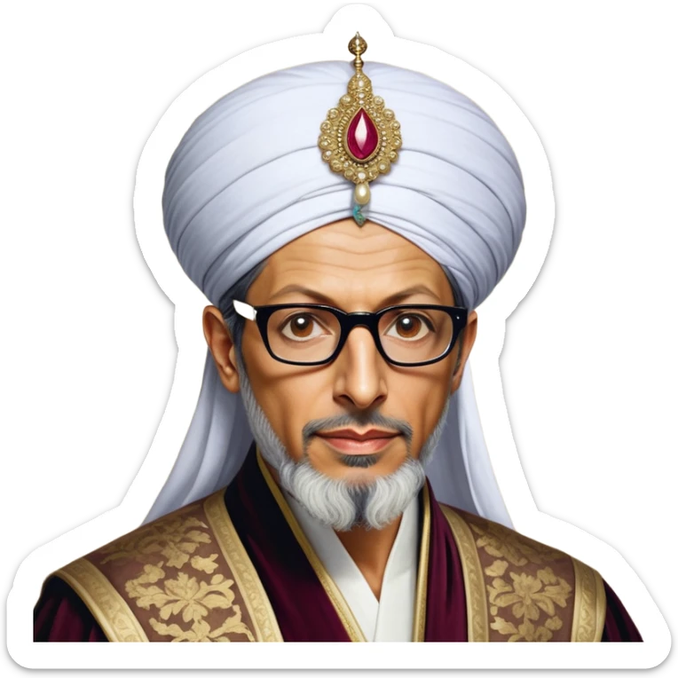 Jeff Goldblum without glasses as a regal portrait dressed as _cinematic-realistic-portrait-of-suleiman-the-magnificent,-depicted-as-a-regal-ottoman-sultan-adorned-with-a-large,-white,-round,-tall-turban-and-a-majestic-grey-beard,-his-commanding-gaze-bathed-in-warm,-historic-lighting-that-exudes-timel sticker