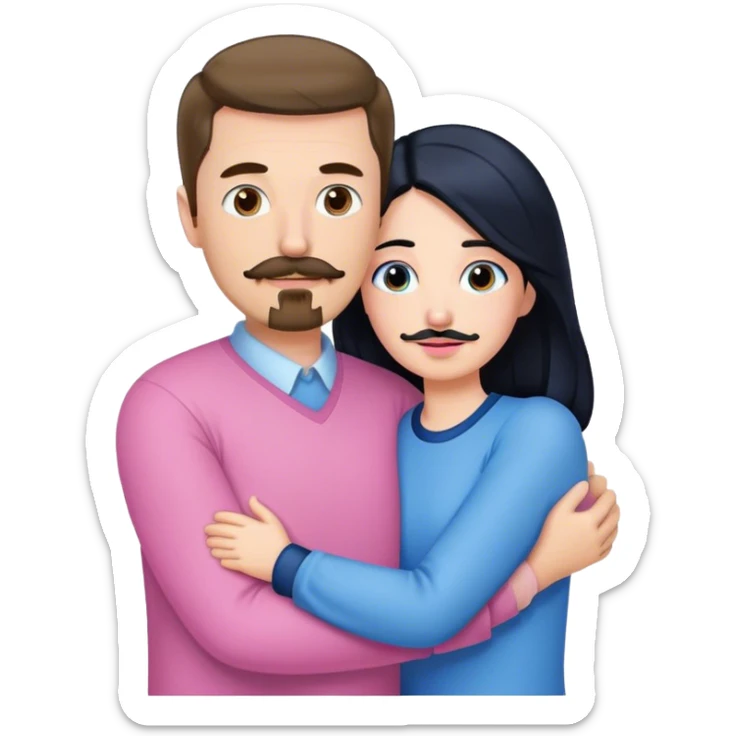 Tall white man with brown mustache goatee wearing blue AND a short pale woman with long black hair wearing pink, hugging sticker