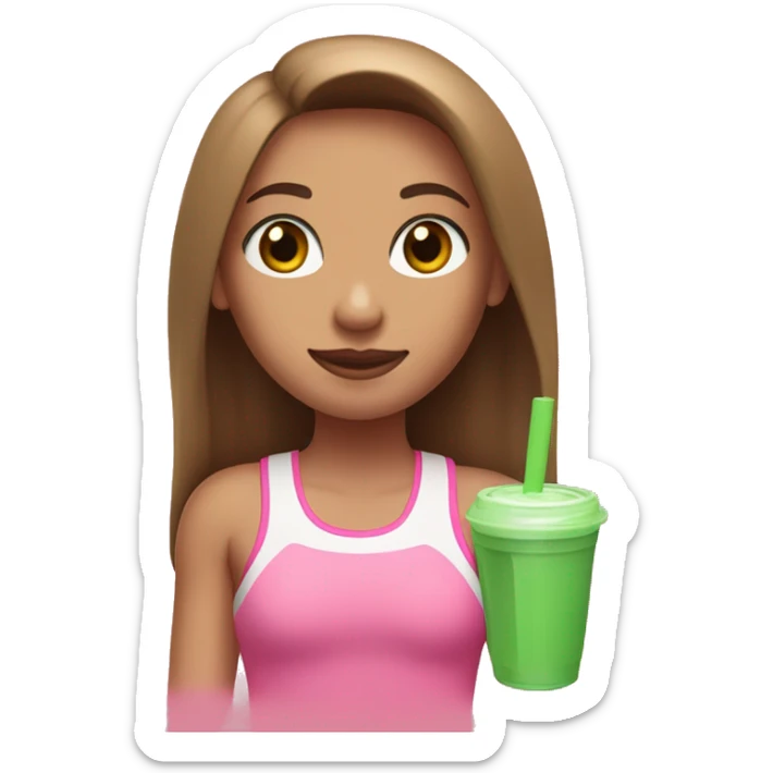 a girl with brown long straightened hair and with Green eyes with pink leggings and pink sports top with a protein shake in her hand sticker