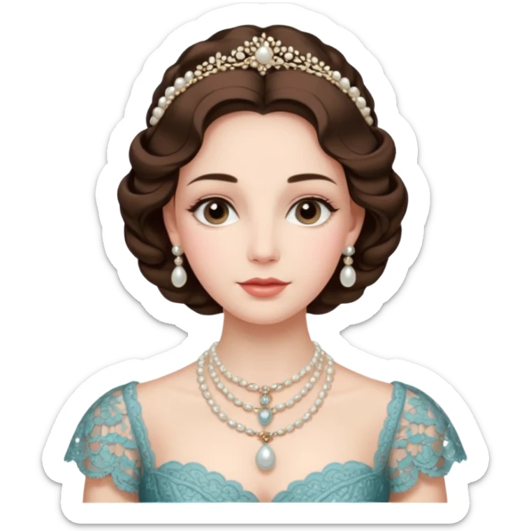 An emoji portrait of an Italian noblewoman. She wears a lavish gown with intricate lace details and a pearl necklace. Her expression is serene and elegant. sticker