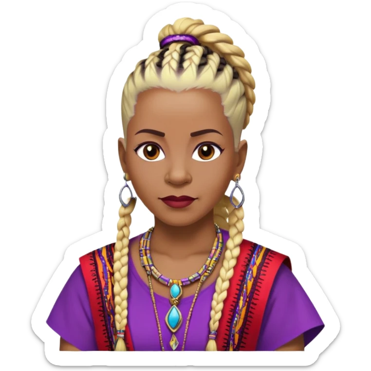 African american 57yr old woman, dark brown skinned woman who is 5ft 6in with a blonde and black mohawk of individual braids, with low haircut  shaved sides, 
wearing a purple,  gold and red dashiki wearing royalty jewelry sticker