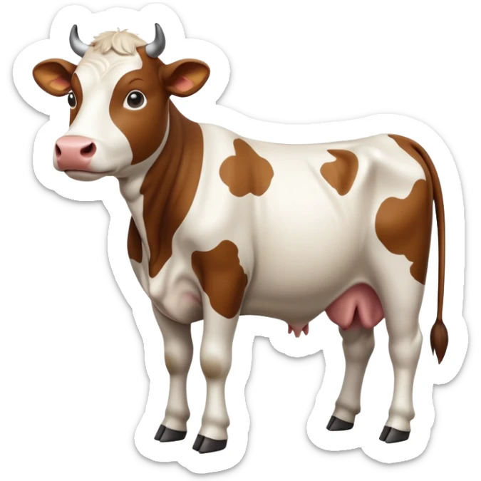 cinematic-[brown and white cow]-realistic-full-body-standing-emoji,-tail-flicking-lazily,-head-tilted-dramatically,-sleek-[brown and white]-coat,-simplified-yet-realistic-focused-features,-highly-detailed,-glowing-with-an-almost-sarcastic-glow sticker