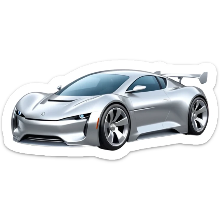 A low-profile futuristic car emoji made of polished silver chrome, wide body stance, smooth aerodynamic shape, glossy metallic surface, soft reflections, luxury swag aesthetic, minimal details, iOS emoji style, centered on clean white background, studio lighting sticker