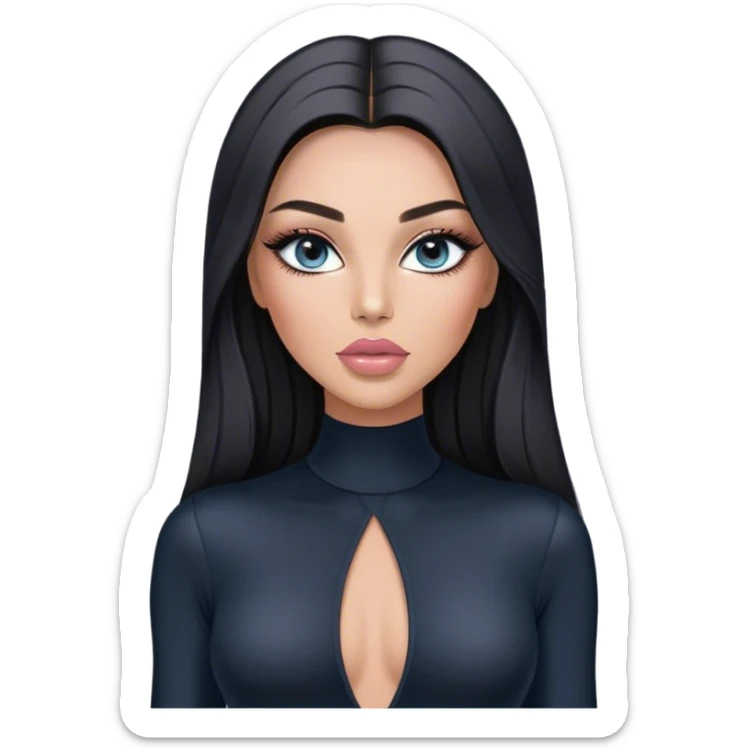 Glamours, tanned, very beautiful girl, with big pump peach-beige-rose lips, long long lashes, black straight smooth silky long hair, straight parting hair, blue-grey eyes in black long-sleeves bodysuit sticker