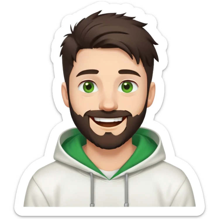 laughing guy with white hoodie, white t-shirt underneath, green eyes, dark brown undercut hairstyle and a short full beard sticker