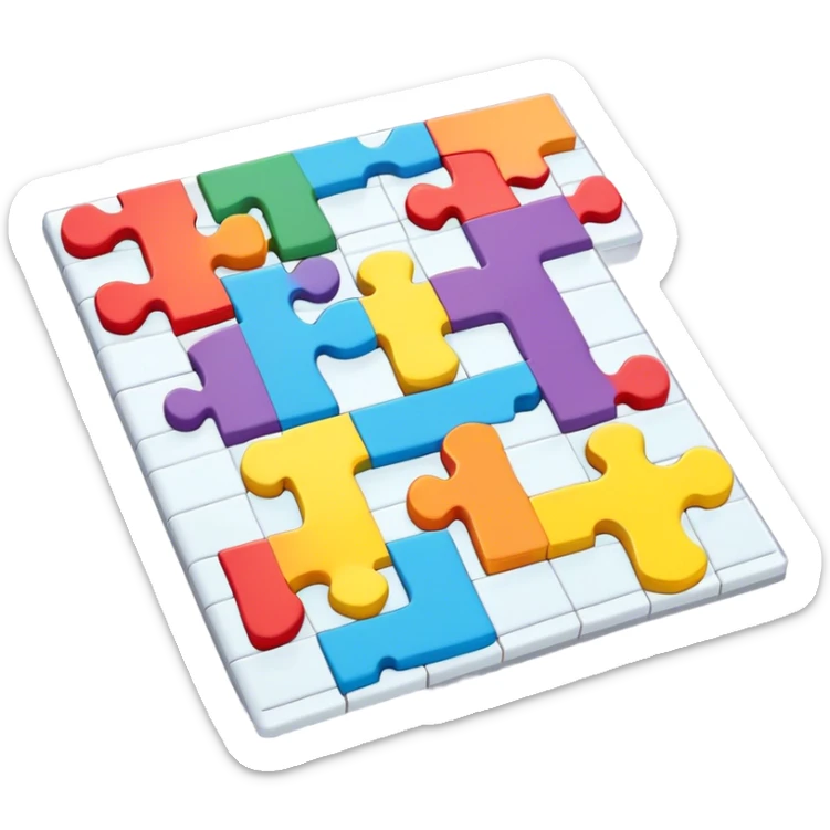 A photorealistic icon with a colorful, fragmented puzzle piece, a crossword magazine, a 3D puzzle, and a partially completed puzzle on a table. Bright, detailed design with realistic lighting. Transparent background, clearly symbolizing puzzles and brain games. sticker