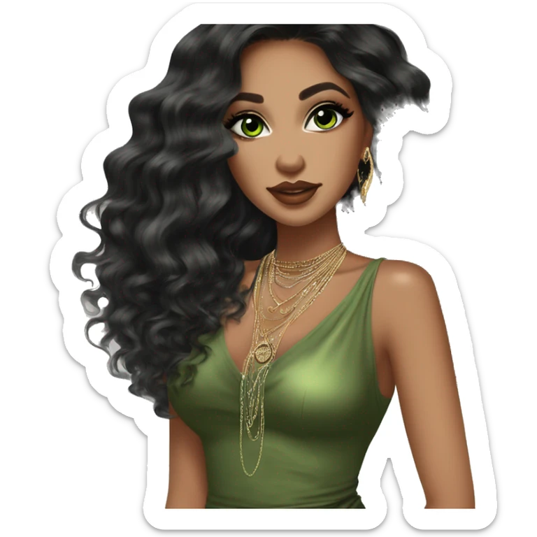 Glamorous, streetwear or cocktail dress, black balayage hair, long wavy hair, olive skin, green almond eyes, winged eyeliner with big lashes, wearing hooped earrings, rings and bracelets  sticker