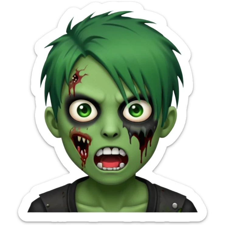  emo zombie black punk hairs green skin with cuts on face and open mouth with fluid coming out of mouth sticker