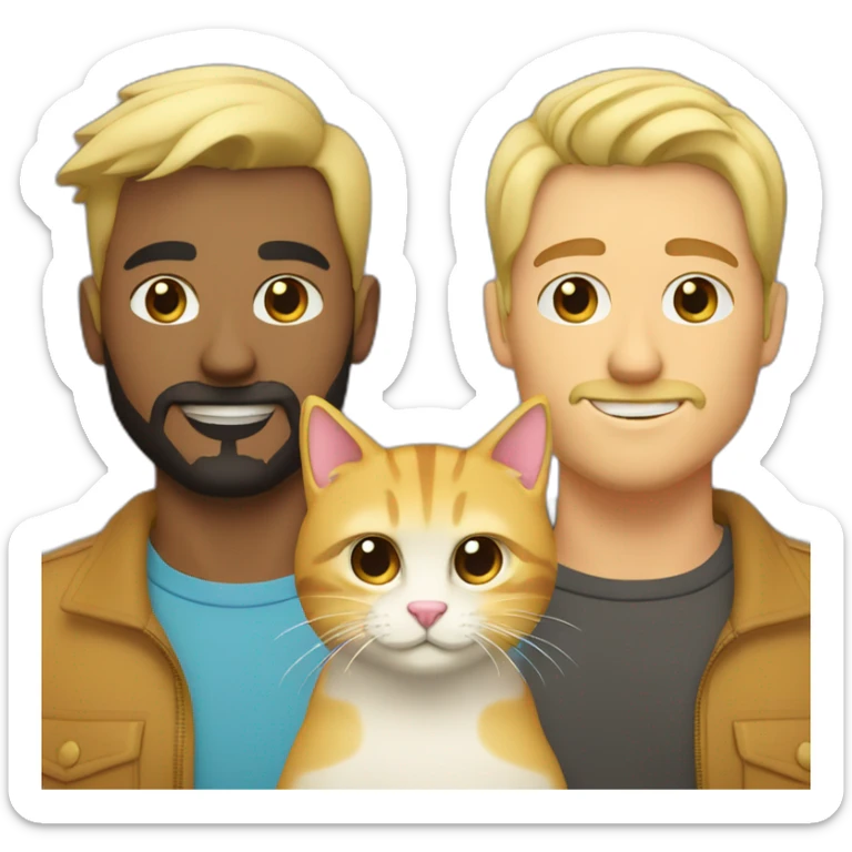Gay male couple one of them Latino with beard male and the other guy an Australian blonde hair , with a cat in the middle sticker