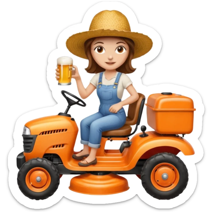 White woman with brown hair, without glasses wearing a straw hat, on old orange ride on lawn mower, holding a beer sticker