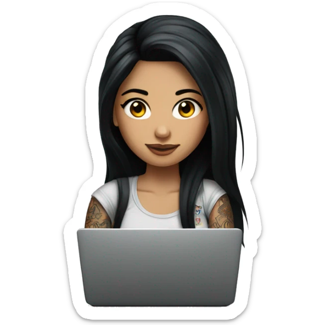 beautiful girl with tattoos, with long black hair, with laptop sticker