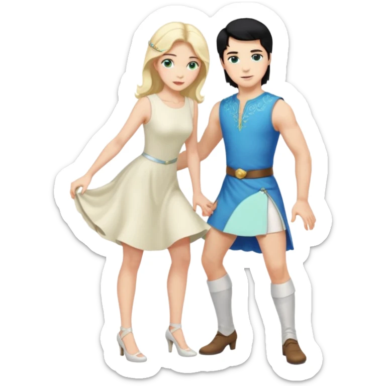 prince, upright, black Hair, blue eyes, Woman, blonde Hair, Green eyes, bending knee, sleveless White Dress, sticker