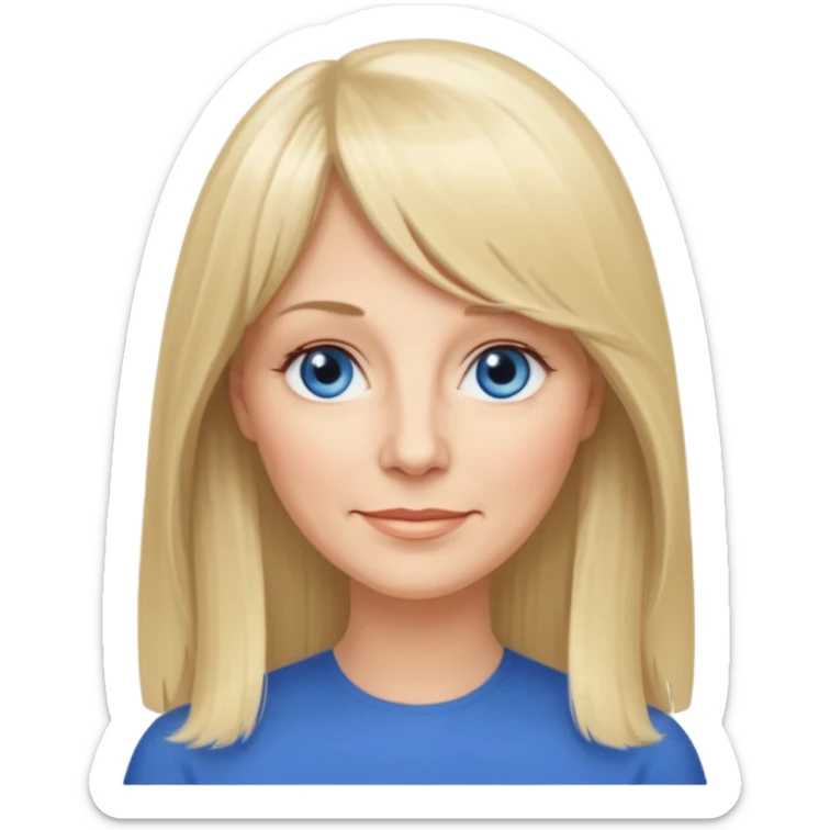 50 yr old white woman, curtain bangs, very long straight blond hair, oval face, small smile, blue eyes, thin face, hair down to elbows, round cheeks, pale, longer hair sticker