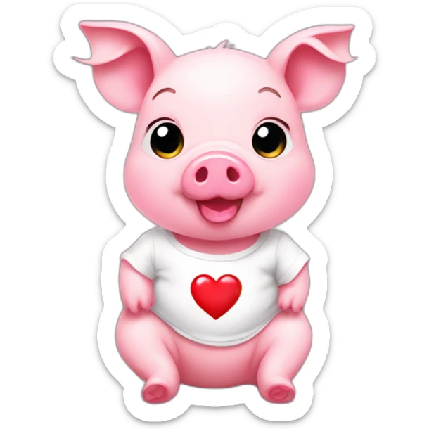 A pink baby pig with a white t-shirt on which there is a red heart, sticker