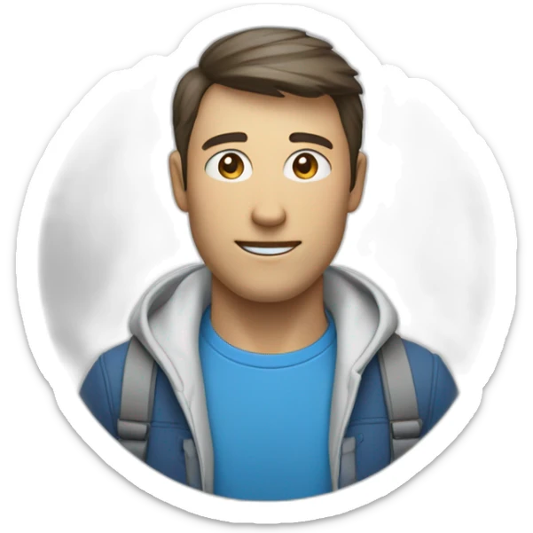 un homme portant un t-shirt bleu avec un logo blanc d’un T dans un cercle  sticker