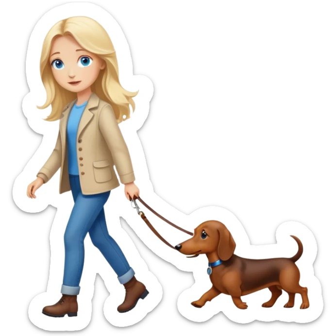 blonde girl with long hair and blue eyes walking with a dachshund sticker