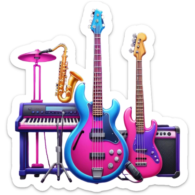 Icon for R&B Music Listening: neon lights and LED lighting in red, purple, blue and pink hues, with a bass guitar, drums, piano, saxophone, trumpet and microphone. Big speakerphones. The icon should evoke the energetic and soulful atmosphere of R&B music. Transparent background. sticker