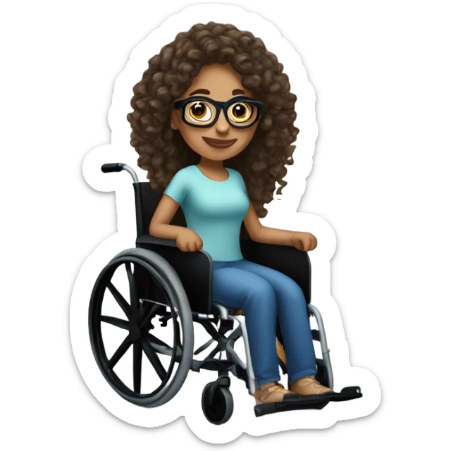 latina with long curly hair, wearing glasses, in a wheelchair sticker