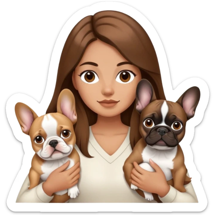 A girl with long brown hair is holding two French bulldogs, one beige and one black sticker