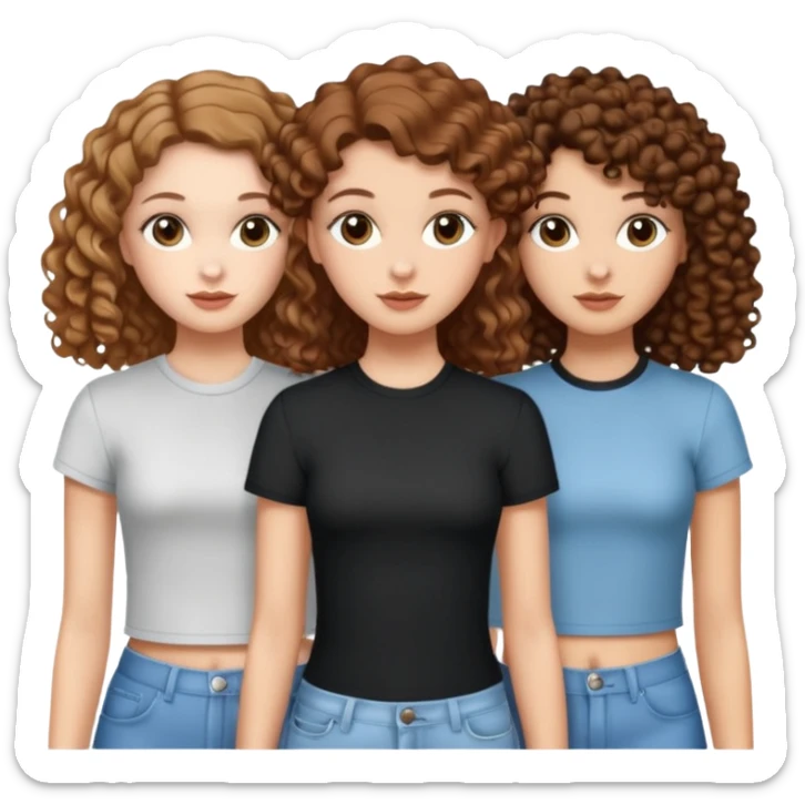 3 white girls, all of off this with brown hair but one whit straight one whit curly and one whit very curly(aesthetic)and chic clothes y2k, this girl have around 14 years, remember one girl does have straight hair  sticker