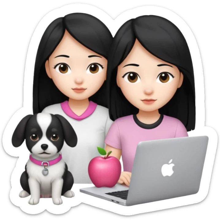 Blue back ground, Asian girl with long black hair , wearing a white t-shirt, working on an Apple laptop, next to her is a small black and white dog with pink collar on  sticker
