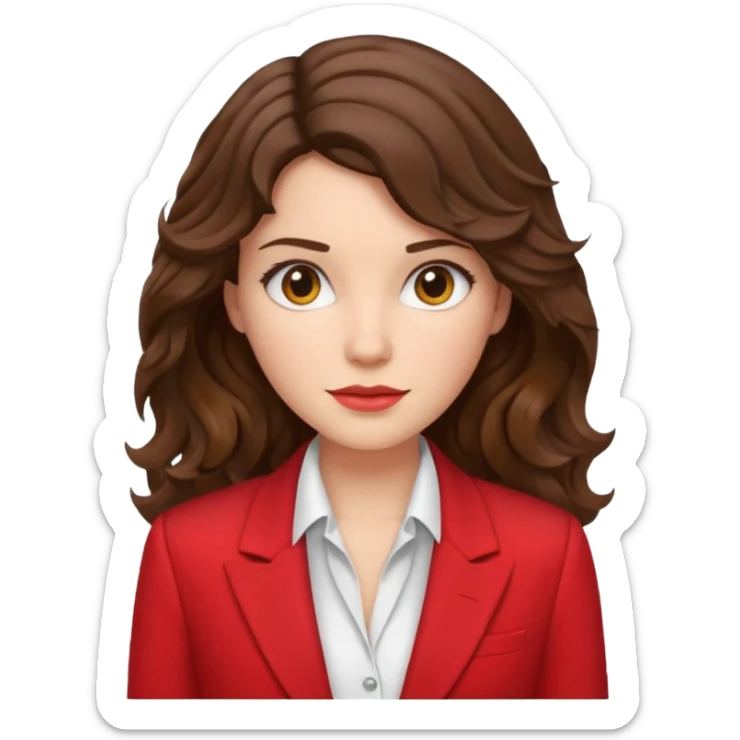 brunette woman with wavy hair, wearing a white dress shirt and red blazer sticker
